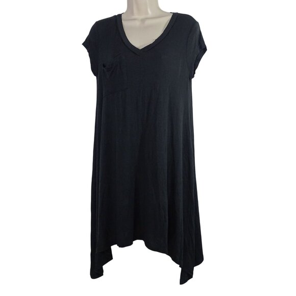 No Comment Black V-Neck T-Shirt Dress Women Size L Asymmetrical Hem With Pocket - Picture 1 of 7